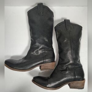 Frye Women's Black Leather With Brown Heel Mid-Calf Pull On Boots Size 7.5 B